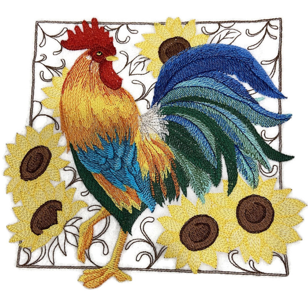 Nature Weaved in Threads, Amazing Rooster [Rooster & Sunflower Square ] [Custom and Unique] Embroidered Iron on/Sew Patch (7.45" x 6.9") [Made in USA]