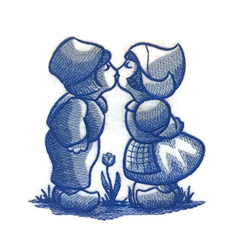 Parche bordado para planchar o coser con tonos de azul personalizados y únicos [Delft Blue Kissing Kids] [4,85" x 5"] [Hecho en EE. UU.]