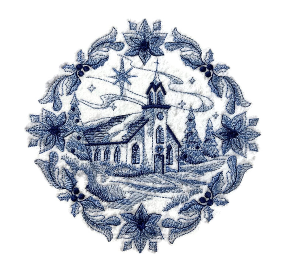 Custom and Unique Shades of Blue [ Delft Blue Christmas Church ] Embroidered Iron on/Sew Patch (6.85" x 5.86") [Made in USA]