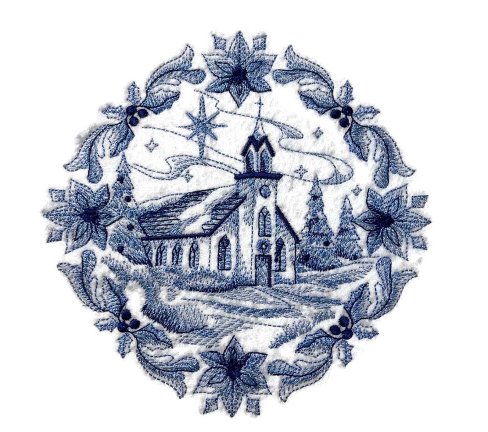 Custom and Unique Shades of Blue [ Delft Blue Christmas Church ] Embroidered Iron on/Sew Patch (6.85" x 5.86") [Made in USA]