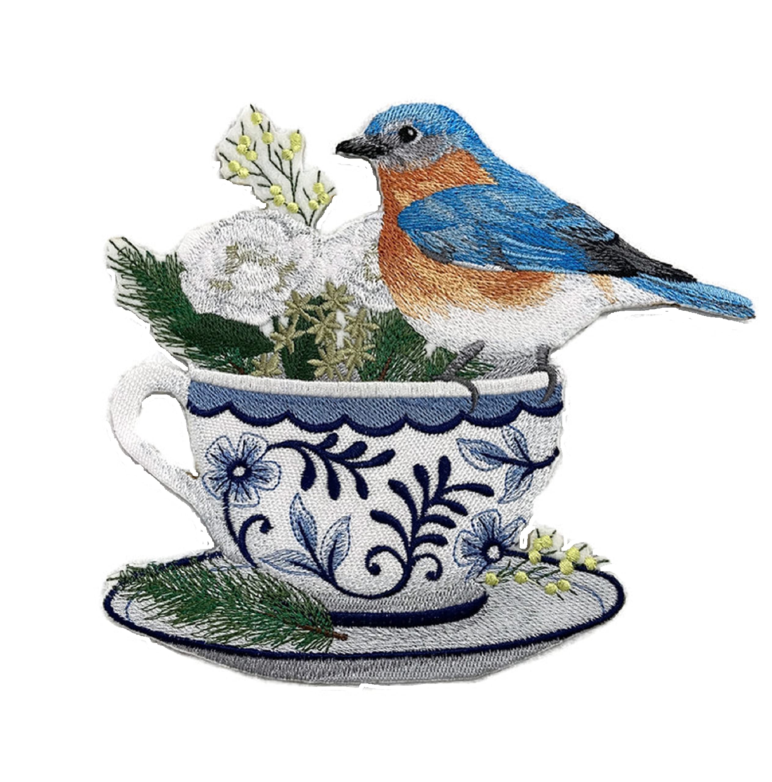 Beyond Vision Custom Birds [Bluebird and Cozy Coffee ] Embroidered Iron on/Sew Patch (7.62" x 6.89")