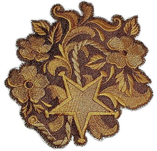 Parche bordado para planchar o coser, personalizado y exclusivo, con diseño de estrella y flores en cuero, de 5" x 5" [Hecho en EE. UU.]