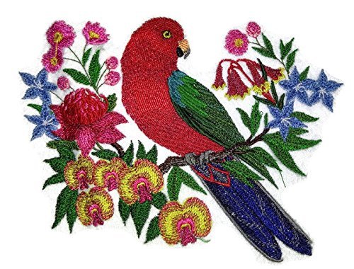 Naturaleza entretejida en hilos, Reino de las aves asombrosas [Loro rey australiano con flores] [Personalizado y único] Parche bordado para planchar o coser [6,26" x 5,9"] [Hecho en EE. UU.]