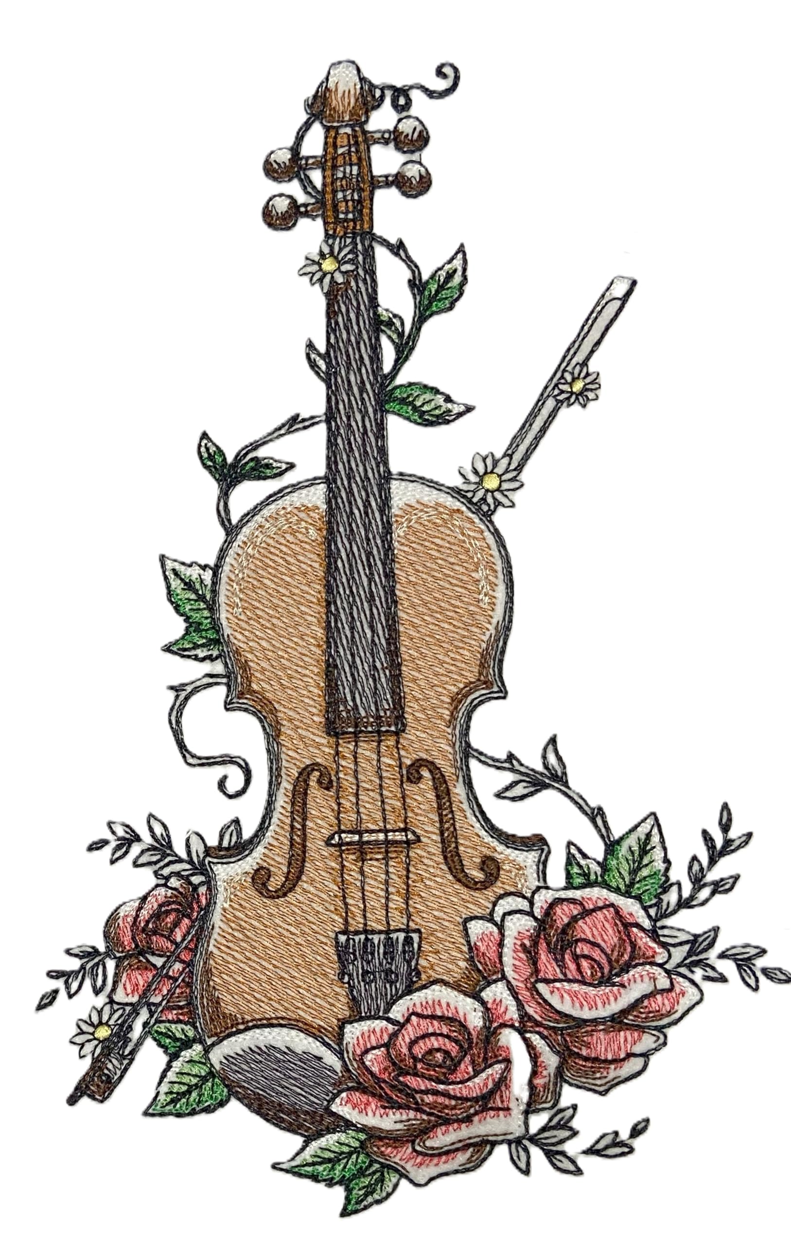Parche bordado para planchar o coser con diseño de violín y rosas (instrumento musical) [5,85" (ancho) x 9,22" (alto)]