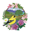 Nature Weaved in Threads, Birds Kingdom [Goldfinch - Spring Meadow with Tree] [] / [6.9" x "7.43"] [] embroidered iron-on patch
