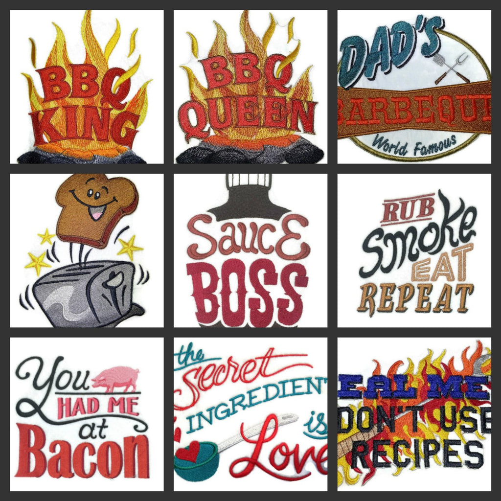 Diseño de delantal para barbacoa: ¡Vamos al interior! [Frotar, ahumar, comer, repetir] Parche bordado para planchar o coser [4,84 x 5,39] Hecho en EE. UU.