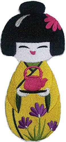 BeyondVision [Custom] Krafty Kokeshi Japanese Doll [Kokeshi and Tea] Embroidery Iron On/Sew Patch (6.16" x 4.4")[Made in USA]