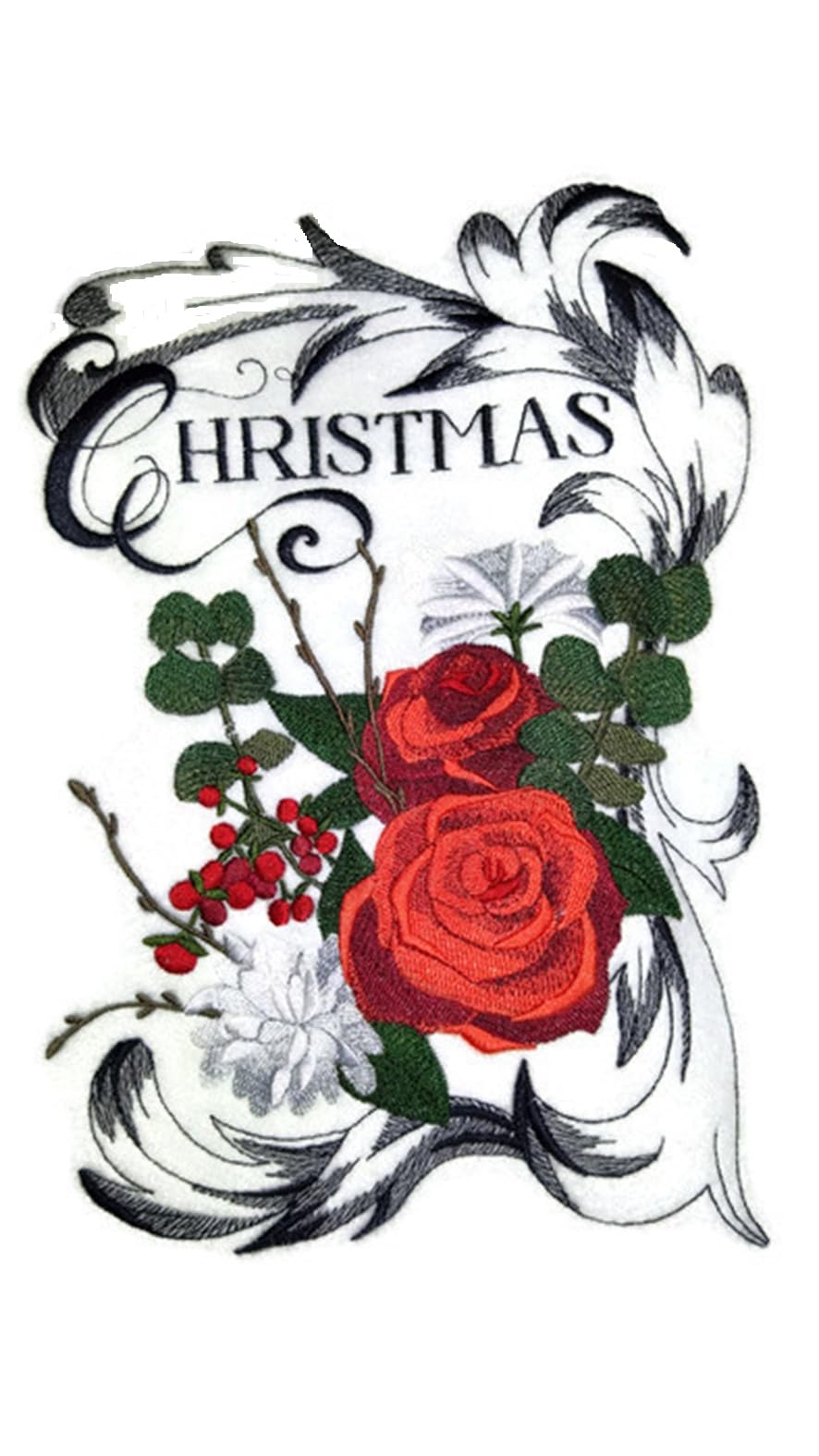 Parche bordado para planchar o coser Merry Christmas Boutique [Rosas navideñas] [17 x 24 cm] [Hecho en EE. UU.]