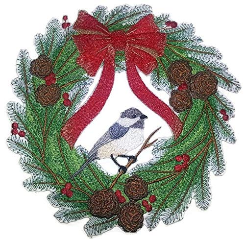 BeyondVision Custom Wreaths with Color of Nature [Chickadee Dee Wreath ] Embroidered Iron on/Sew Patch (8" x 8") [Made in USA]