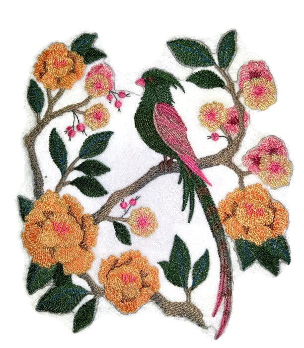 Naturaleza entretejida en hilos, Reino de las aves asombrosas [Escena de pájaros y flores estilo chinoiserie] [Personalizado y único] Parche bordado para planchar o coser [18 x 15 cm] [Hecho en EE. UU.]