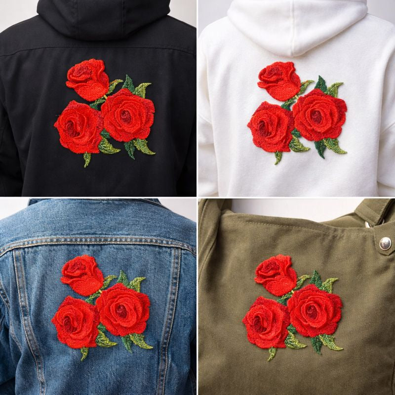 Roses Floral Embroidered Patch – Triple Bloom Red Flower Iron-On & Sew-On Applique for Jackets, Bags & DIY Fashion