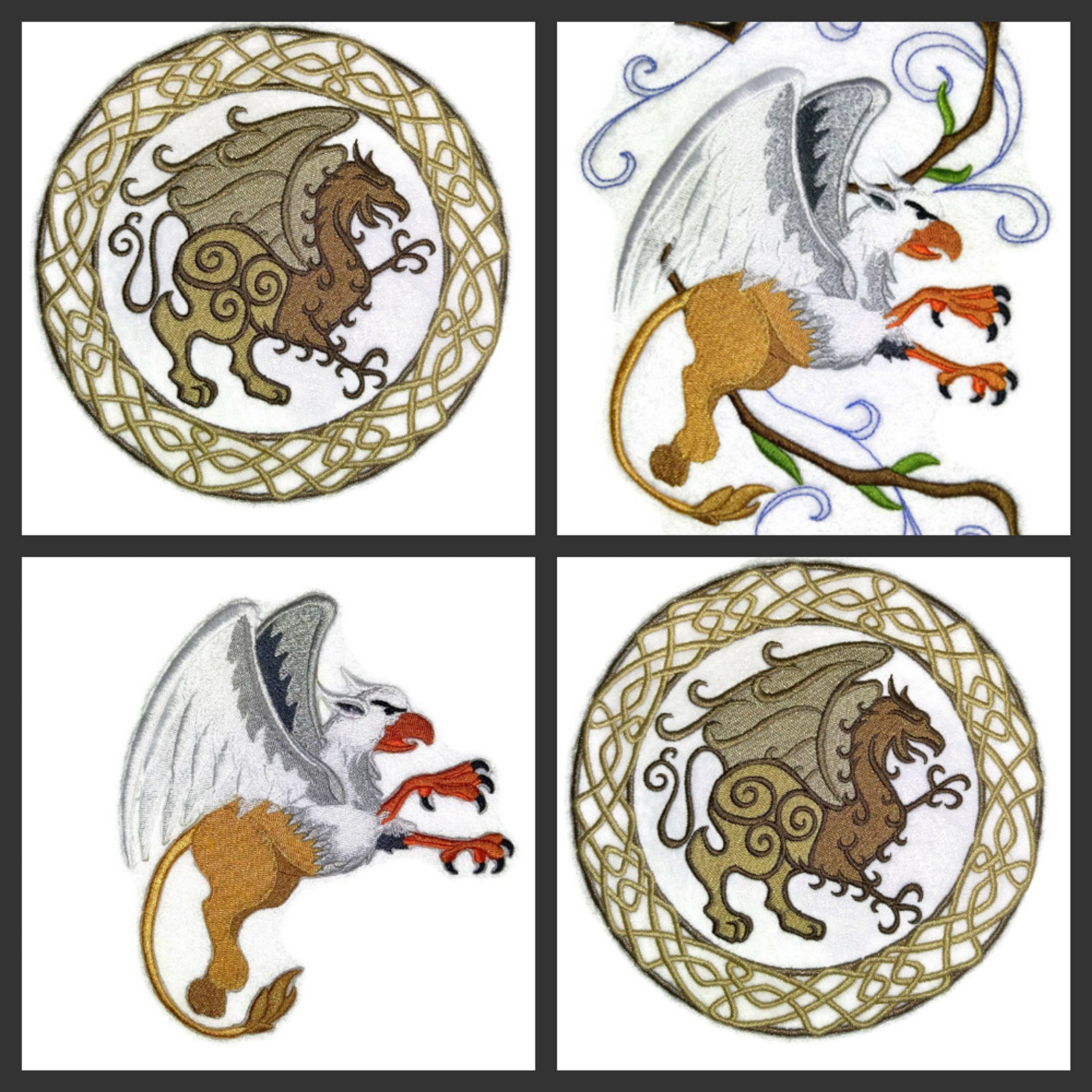 Celtic Gryphon Circle Embroidered Patch – Legendary Mythical Dragon & Gryphon Design 6.87" Iron-On or Sew-On, Made in USA