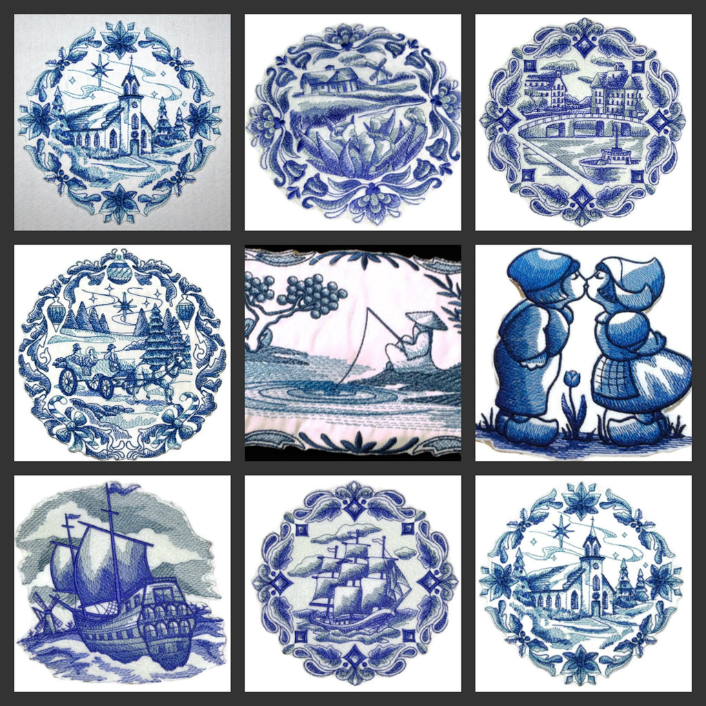 Parche bordado para planchar o coser con tonos de azul personalizados y únicos [Delft Blue Kissing Kids] [4,85" x 5"] [Hecho en EE. UU.]
