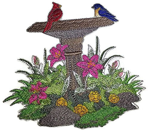 Custom and Unique Spring Bloom Flowers Portraits [Park Place BirdBath ] Embroidered Iron on/Sew Patch (6.32" x 5.88") [Made in USA]