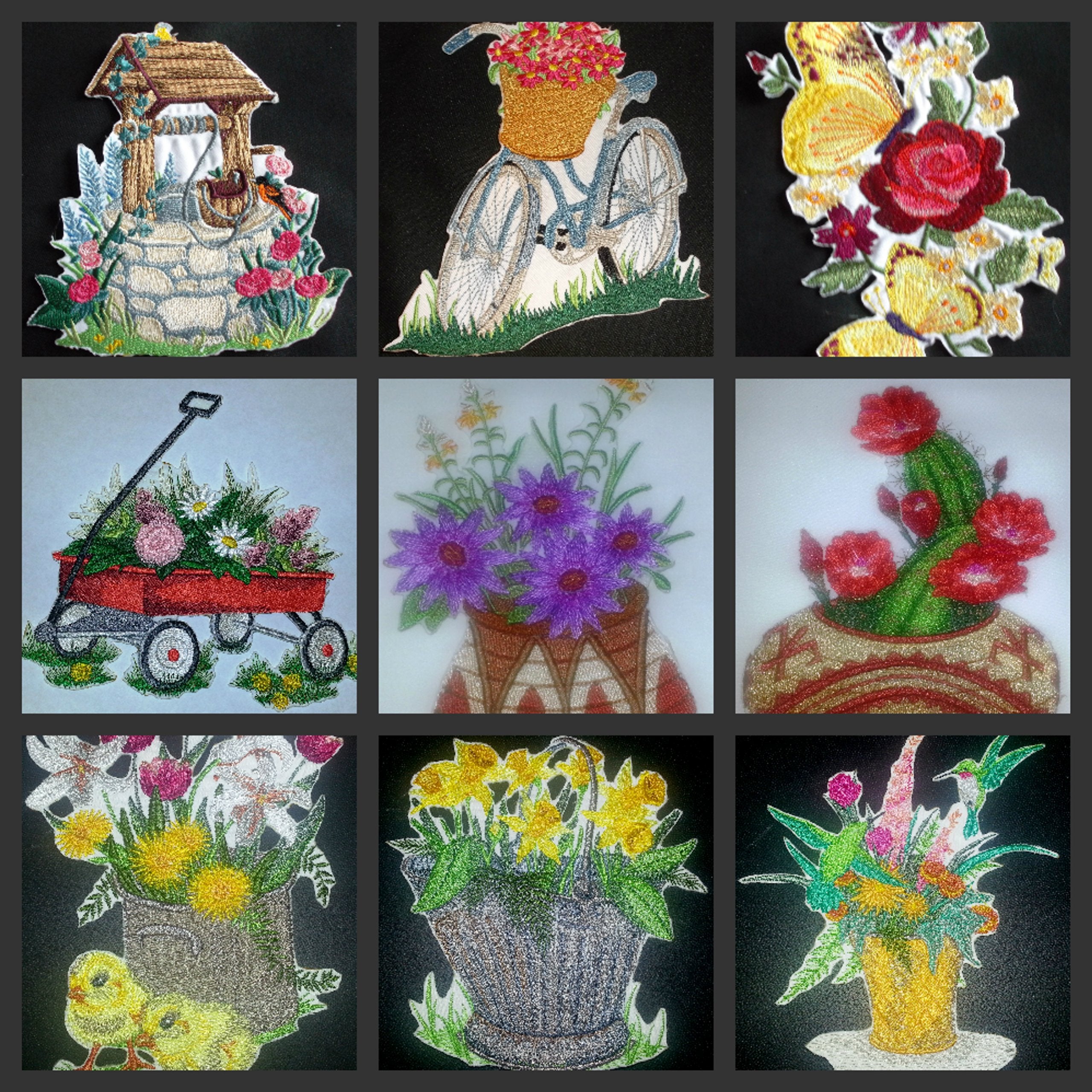 Parche bordado para planchar o coser "Flores de primavera con jarrón" (Carretilla roja con flores), personalizado y único de BeyondVision [5,48" x 4,86"] [Hecho en EE. UU.]