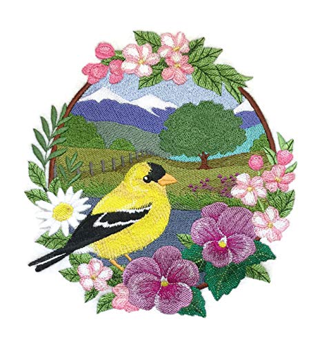 Nature Weaved in Threads, Amazing Birds Kingdom [Goldfinch - Spring Meadow with Tree] [Custom and Unique] Embroidered Iron on/Sew Patch [6.9" x "7.43"] [Made in USA]