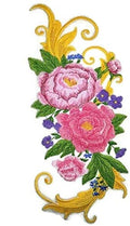 Peony Spray with Flourish (5.78" x 11.72") embroidered iron-on patch