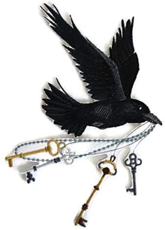 Custom and Unique Happy Halloween [ Flying Raven with Skeleton Keys ] Embroidered Iron on/Sew Patch (5.81" x 8.63") [Made in USA]