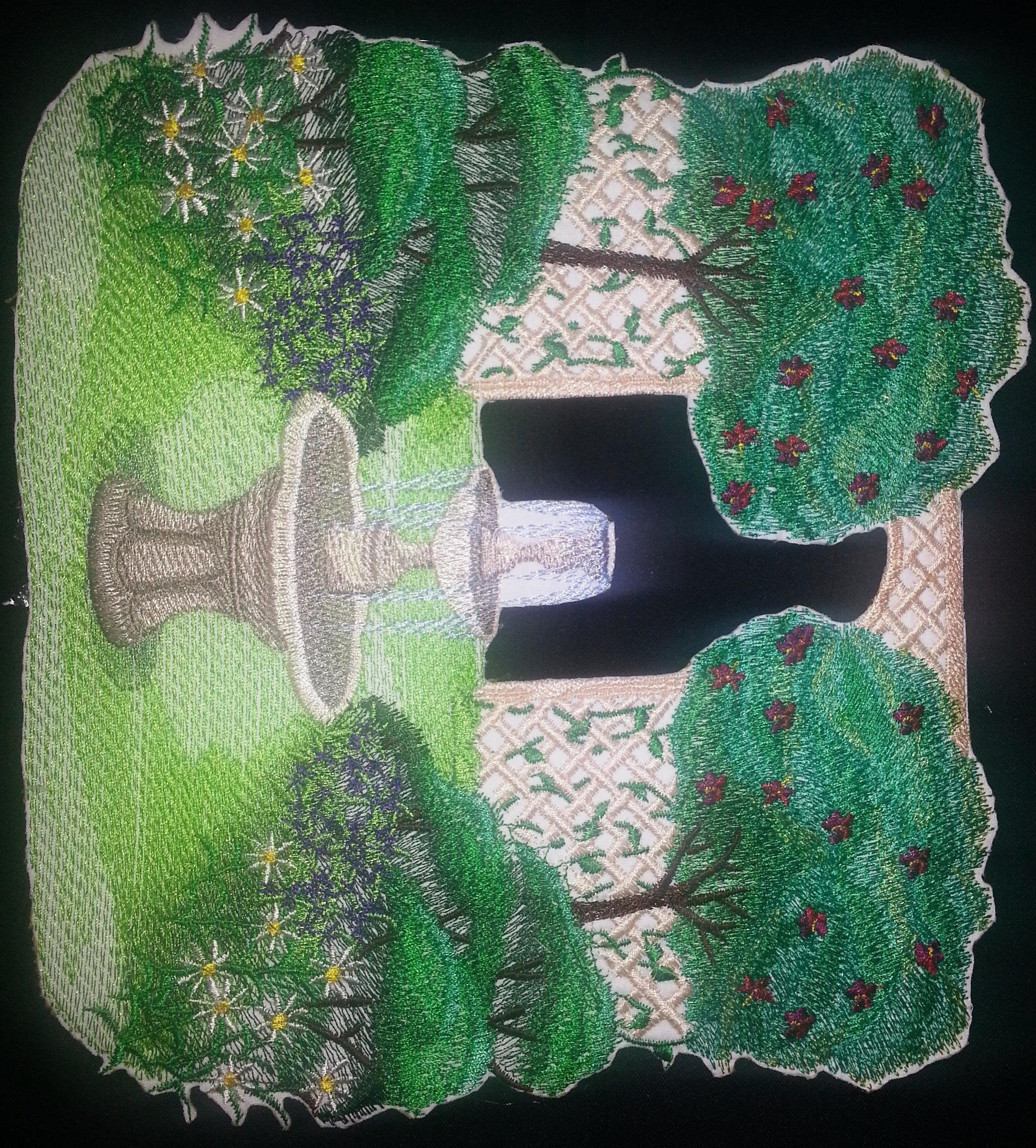 Custom and Unique Garden Fountain Scene Embroidered Iron on/Sew Patch (7.82" x 7.33") [Made in USA]