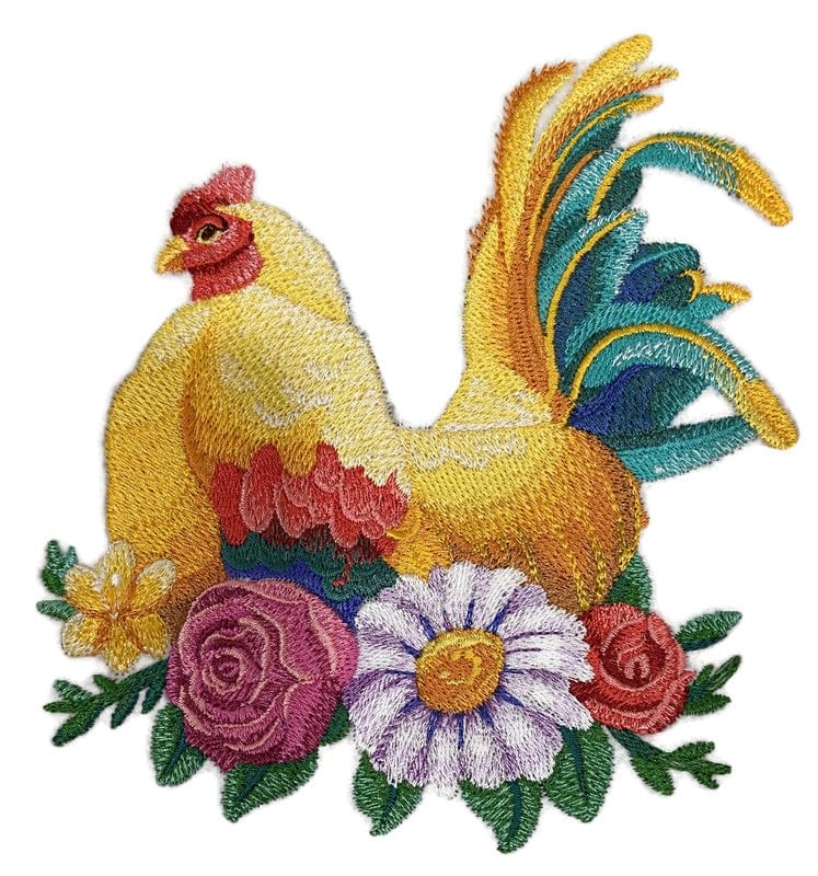 Parche bordado termoadhesivo "Naturaleza entretejida en hilos", "Gallo asombroso" [Pollo salvaje floreciente] [Personalizado y único] [5,86" x 6,39"]