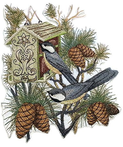 Nature weaved in threads, Amazing Birds Kingdom [Chickadee Enchantment] [Custom and Unique] Embroidered Iron on/Sew patch (7" x 5.85") [Made in USA]