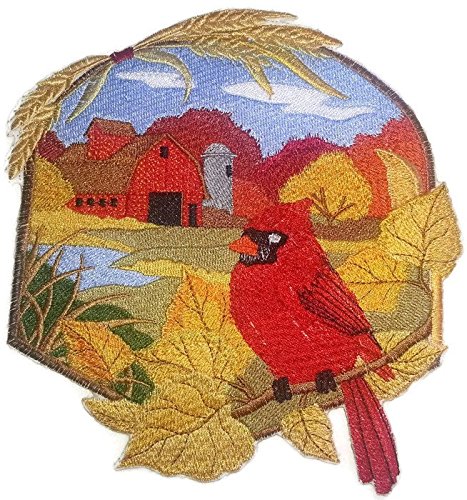Parche bordado para planchar o coser, personalizado y único, de BeyondVision, con diseño de cardenal otoñal y granero [17,5 x 18,3 cm] [Hecho en EE. UU.]