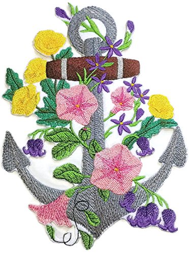 Parche bordado "Ocean Calling", personalizado y único [Ancla en flor] para planchar o coser [15,9 x 14,7 cm], fabricado en EE. UU.