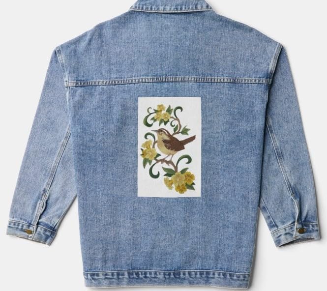 Custom South Carolina Great Carolina Wren and Jessamine Bird Embroidery Iron On/Sew Patch - Beyond Vision (7" x 11.11")