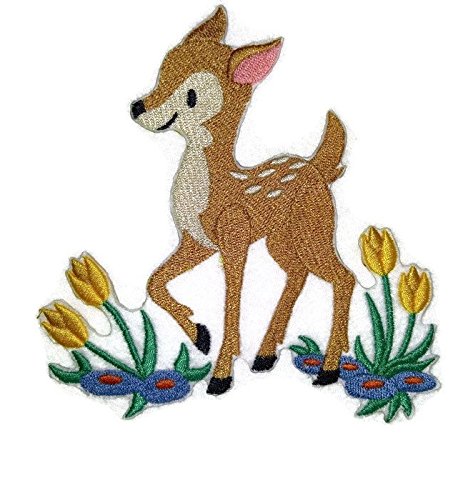 Naturaleza entretejida en hilos, asombroso reino animal [Cervatillo retozando entre flores] [Personalizado y único] Parche bordado para planchar o coser [5" x 4.85"] [Hecho en EE. UU.]