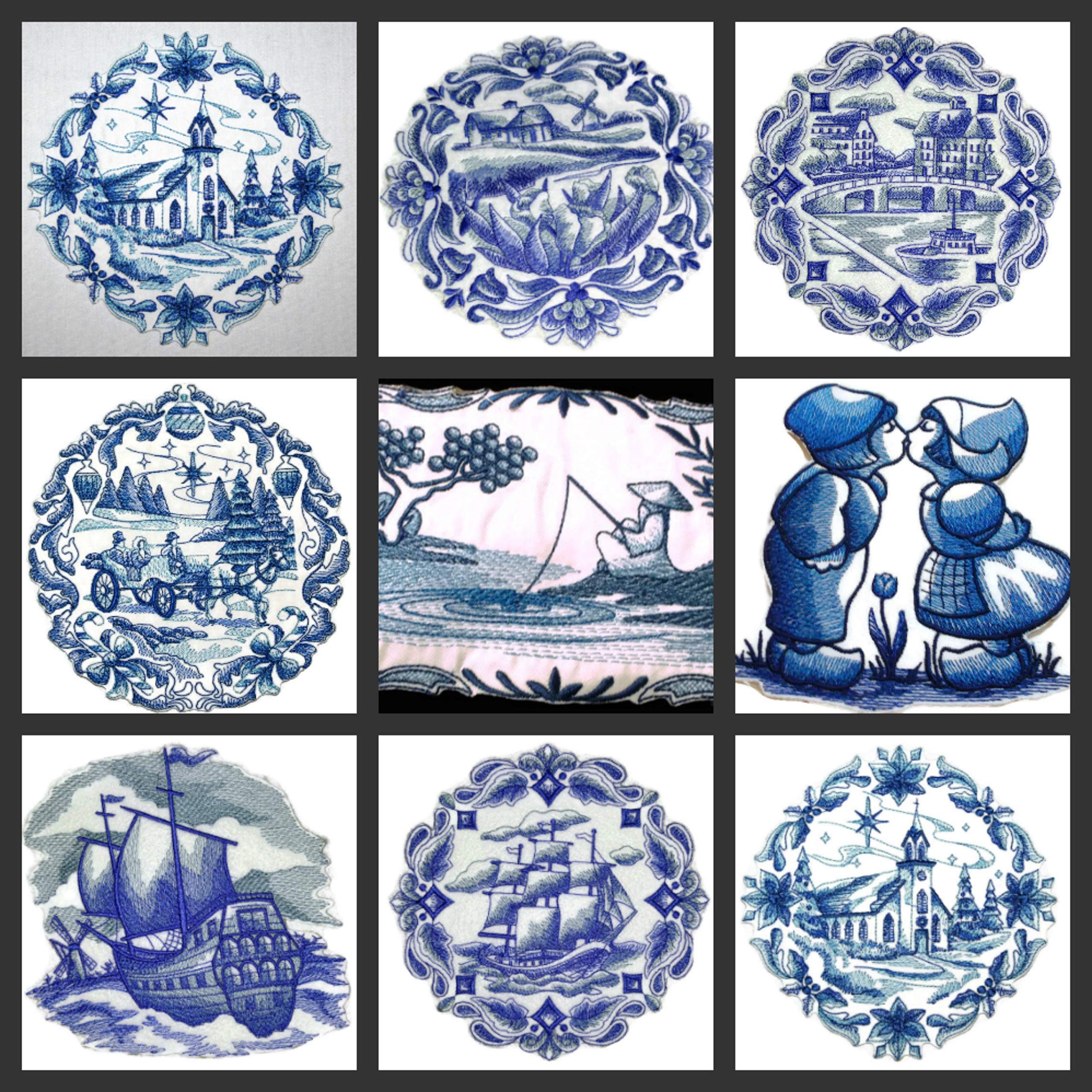 Parche bordado para planchar o coser con tonos de azul personalizados y únicos [Pájaro y flores de Delft Blue] [6,85" x 5,86"] [Hecho en EE. UU.]