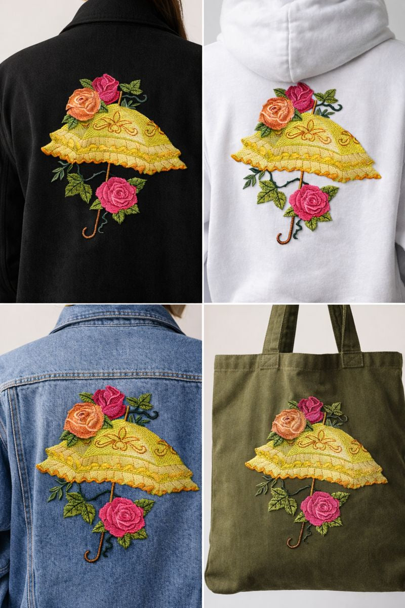 Victorian Parasol with Roses Embroidered Patch 6.47” x 7.8” – Iron On or Sew On Beyond Vision
