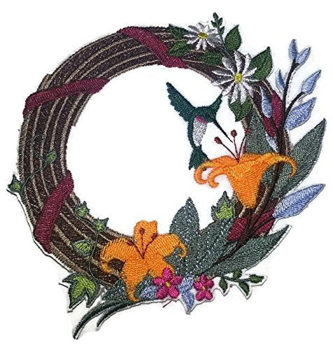 Naturaleza entretejida en hilos, Reino de las aves asombrosas [Colibrí y corona de flores] [Personalizado y único] Parche bordado para planchar o coser [6" x 5"] [Hecho en EE. UU.]