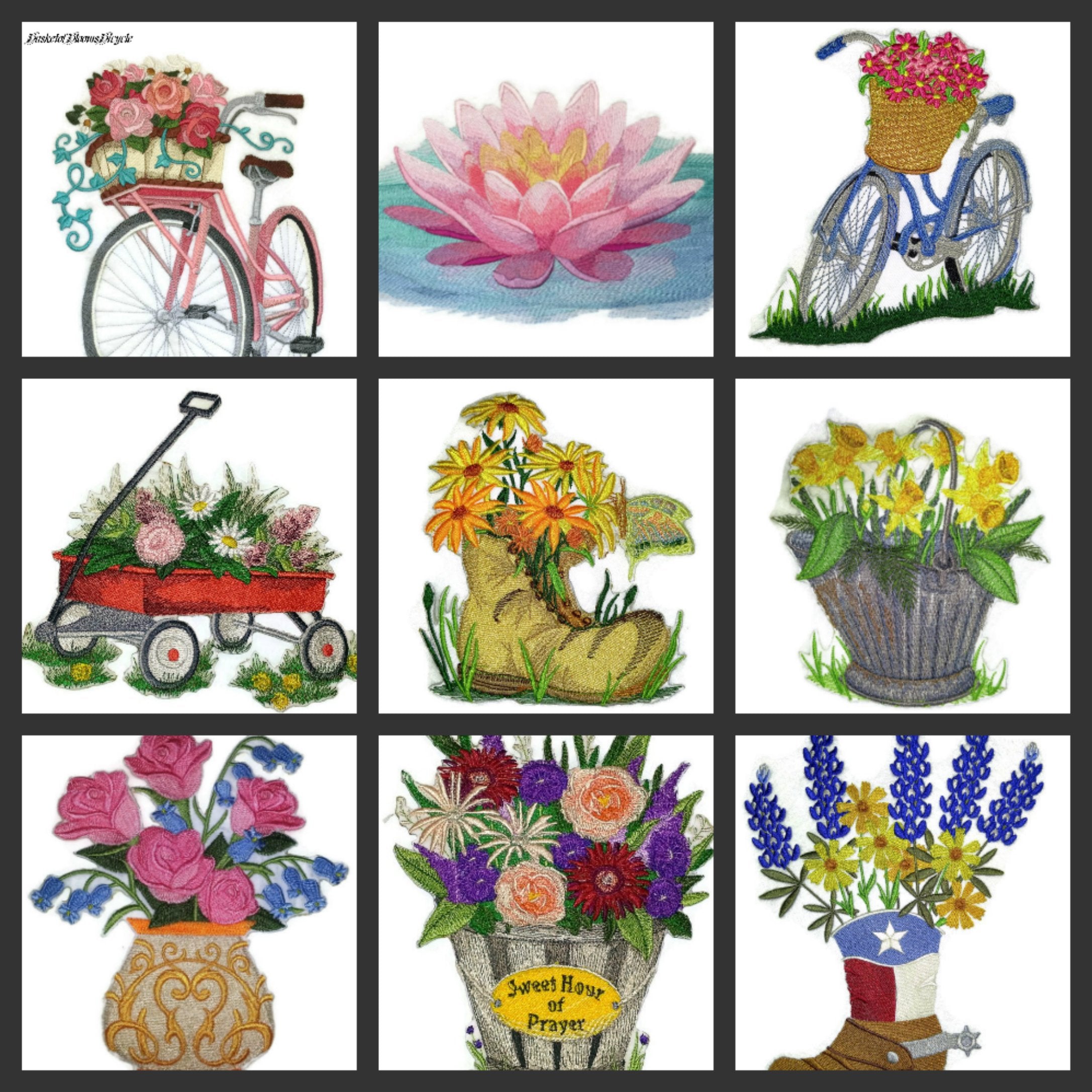 Naturaleza tejida en hilos [Bicicleta con cesta de flores] [Personalizado y único] Parche bordado para planchar o coser [6,9" x 9,67"] [Hecho en EE. UU.]…