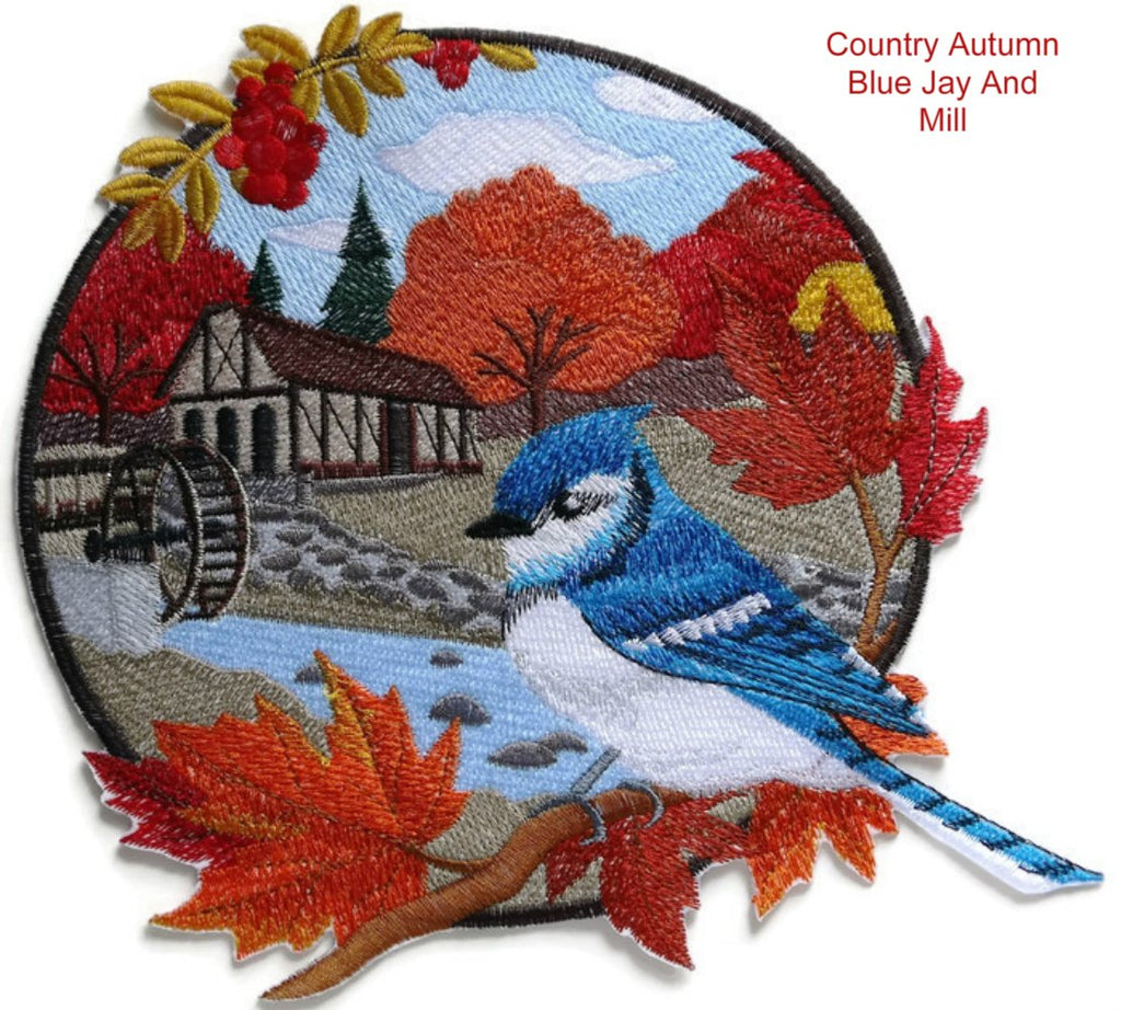 Custom and Unique Country Autumn Blue Jay and Mill Embroidered Iron on/Sew Patch (9" x 8.5") [Made in USA]