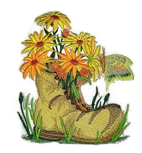 Parche bordado para planchar o coser con diseño de flores de primavera, personalizado y único, con jarrón [Florece en la bota] [13,5 x 12,2 cm] [Hecho en EE. UU.]