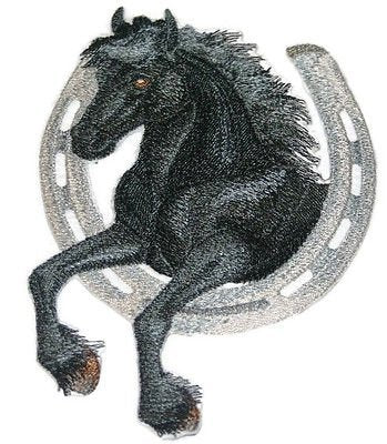 [Custom] Lucky Charm Horse with Horse Shoe [Black Friesian] Embroidery Iron On/Sew Patch (7" x 5")[Made in USA]