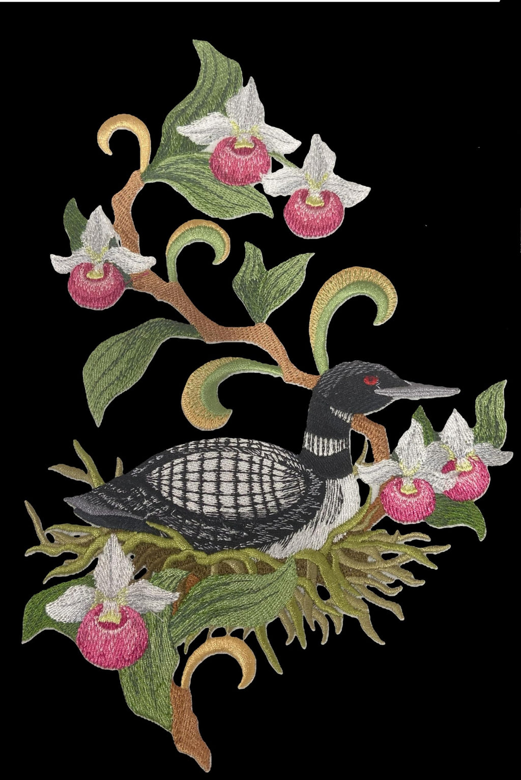 Custom Minnesota Common Loon and Showy Lady Slipper Medley Bird Embroidery Iron On/Sew Patch - Beyond Vision (7" x 10.67")