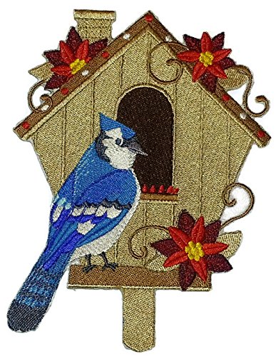Parche bordado para planchar o coser, personalizado y único, con una increíble casa para pájaros [Arrendajo azul con casa para pájaros] [18 x 14 cm] [Hecho en EE. UU.]