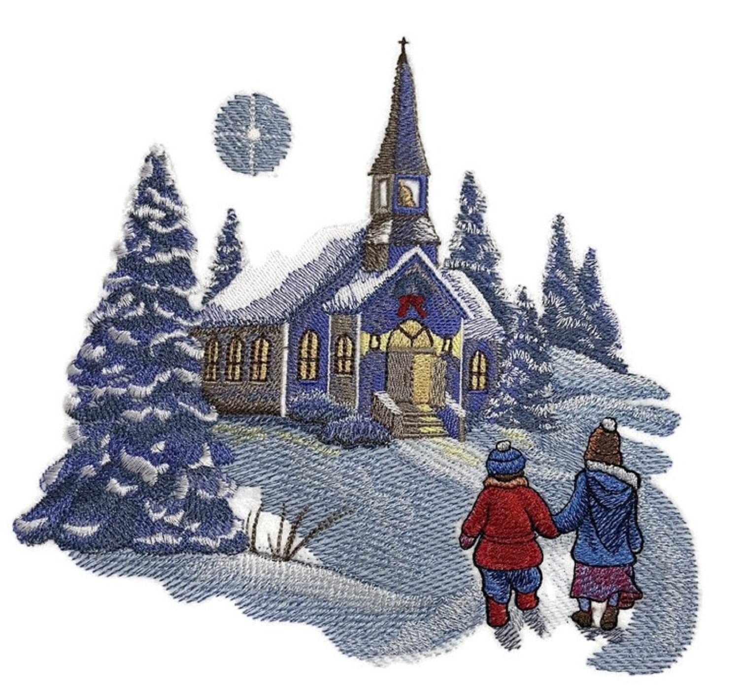 Beyond Vision Festive Snowy Christmas Church Scene Embroidered Iron on/Sew Patch (7.74" x 7.48")