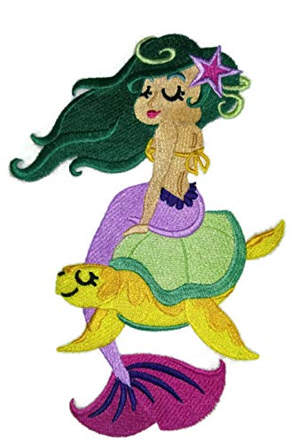 BeyondVision Custom Legendary Mythical Unique Mermaid [Mermaid On Sea Turtle] Embroidery Iron On/Sew Patch (7.81" x 5.29")[Made in USA]