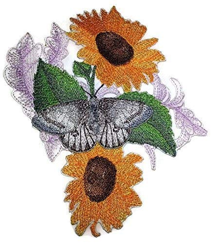 Custom and Unique Blooms and Butterflies [Apollo Butterfly and Sunflowers ] Embroidered Iron on/Sew Patch (6.8" x 4.86") [Made in USA]