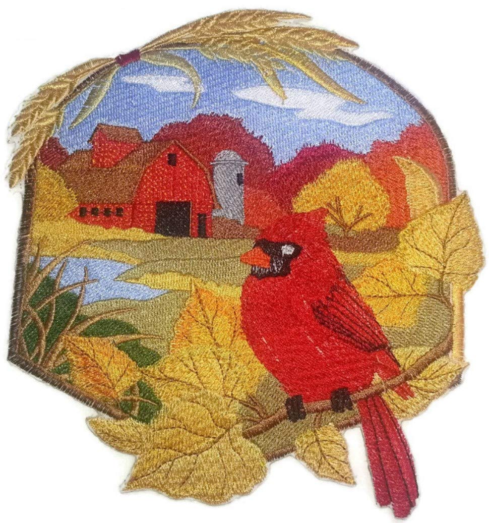 Parche bordado para planchar o coser, personalizado y único, de BeyondVision, con diseño de cardenal otoñal y granero [17,5 x 18,3 cm] [Hecho en EE. UU.]