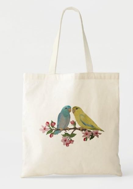 Pájaros personalizados: periquito en una rama de cerezo en flor, más allá de la visión [26,5 x 17,5 cm]