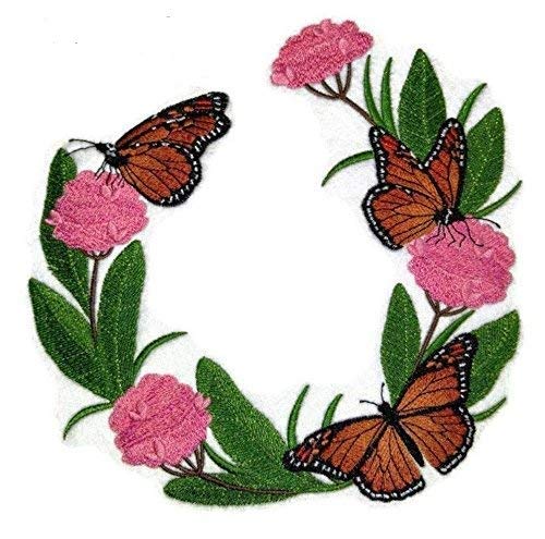 Coronas personalizadas con colores de la naturaleza y mariposas [Corona de monarcas y algodoncillo] Parche bordado para planchar o coser [7,77" x 7,77"] [Hecho en EE. UU.]