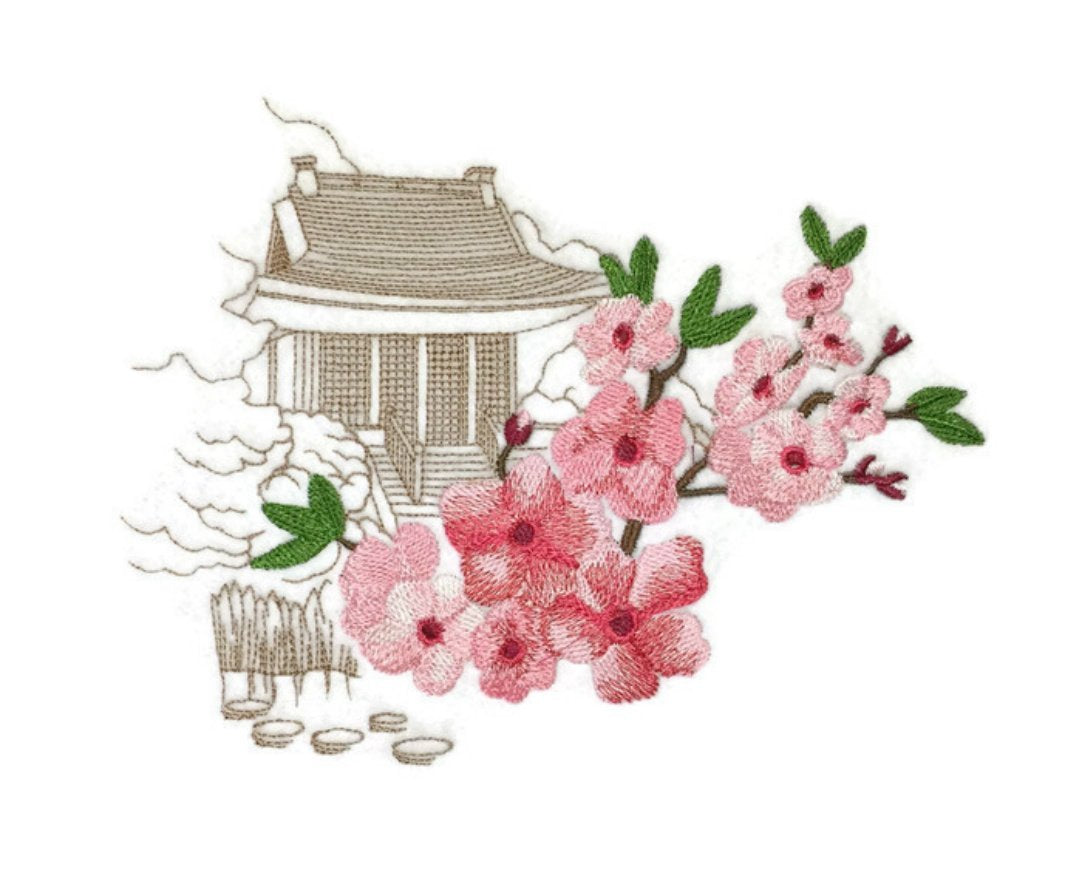 Nature's Magic Beautiful Custom Cherry Blossoms with Temple Echo Embroidered Iron On/Sew Patch (7.44" x 5.85") Made in USA