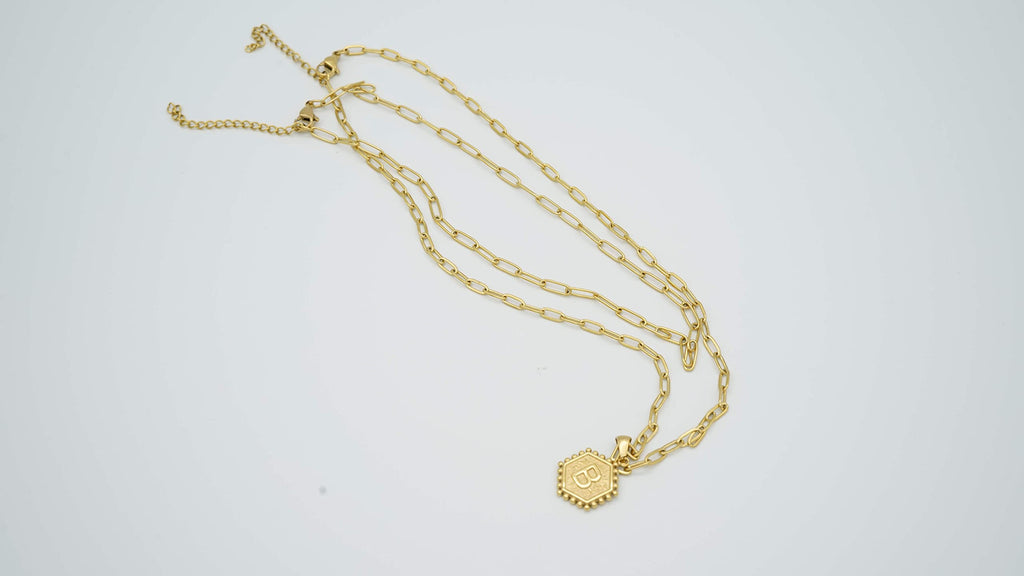 BeyondVision 18K Gold plated double layer double sided alphabet pendant necklace and choker necklace set