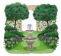 Garden Fountain Scene (7.82" x 7.33") embroidered iron-on patch