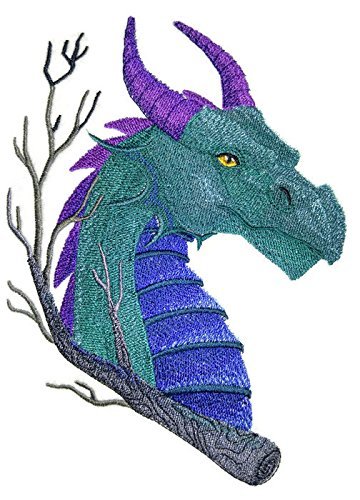 Embroidered design of a dragon with purple and blue colors on a white background