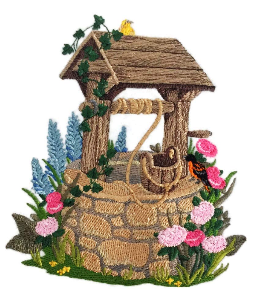 Custom and Unique Good Old County Portraits [Wishing Well with Orioles ] Embroidered Iron on/Sew Patch (5.68" x 4.88") [Made in USA]
