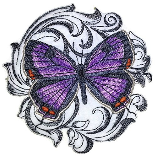 Parche bordado para planchar o coser con diseño de mariposas coloridas de BeyondVision, único y personalizado [Colorado Hairstreak con barroco] [5" x 5"], fabricado en EE. UU.
